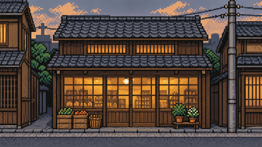 夕暮れの商店の外観