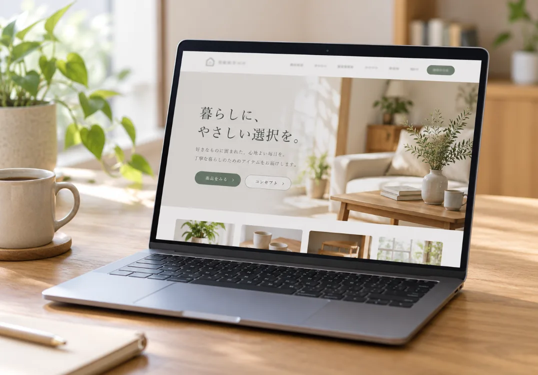 完成したホームページが表示されたノートパソコン